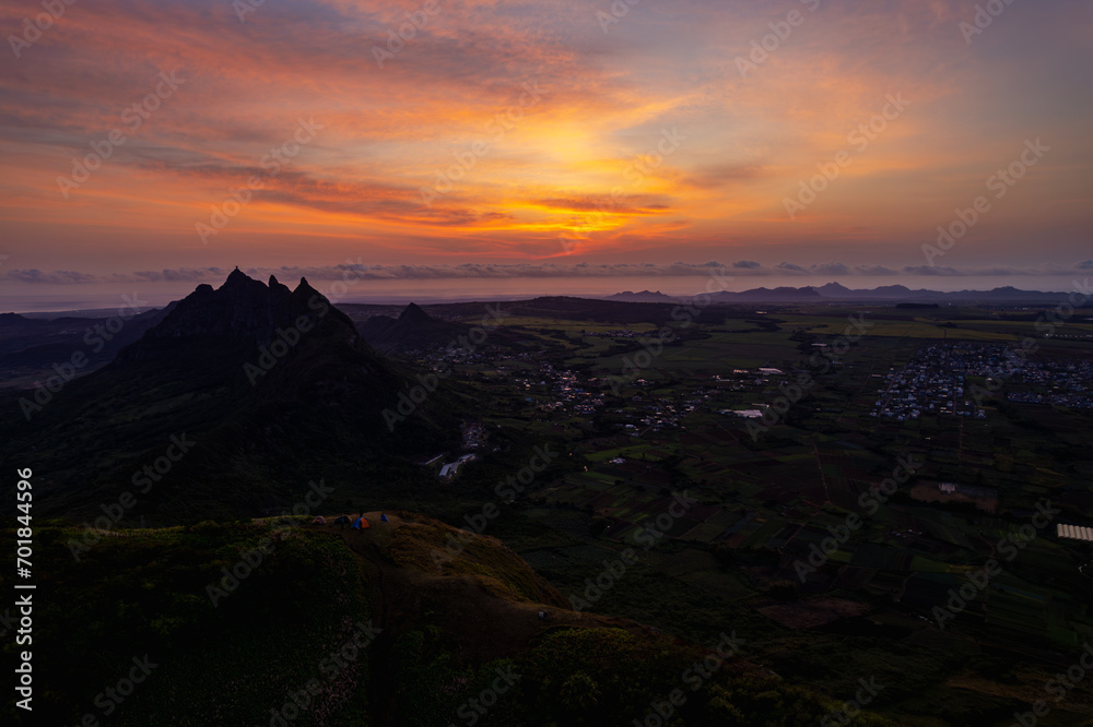 Aerial view of the sunrise from top of Le Pouce mountain which is located in Mauritius island