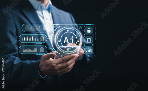 Ai tech, businessman use smartphone with Ai tools for artificial intelligence use analytics, automation and autonomous brain. big data management.