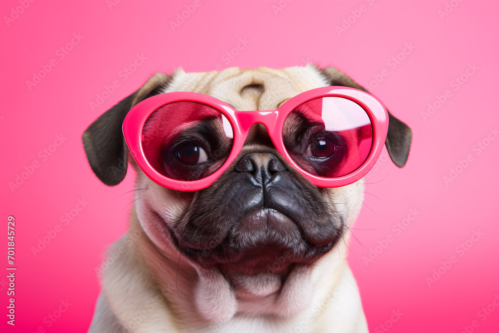 Cute Pug dog with pink sunglasses on pink studio background