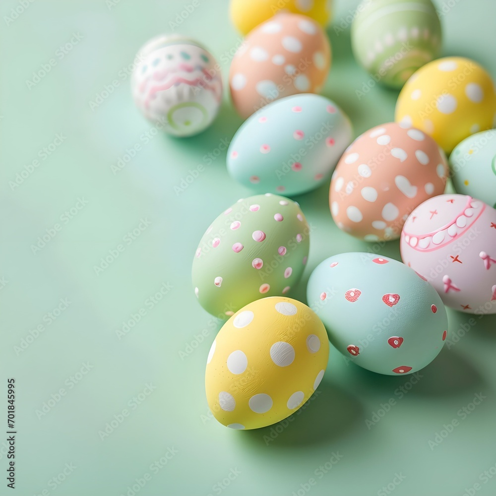Colorful Easter eggs on a pastel green background.