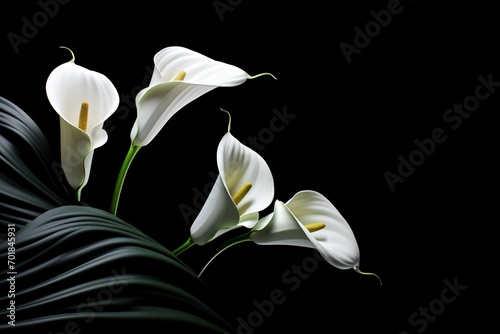 A beautiful black floral background wallpaper design with white calla lily flowers