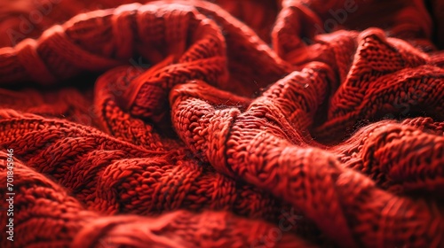 Closeup of Red Knit Sweater Blanket Fabric Textile Background photo