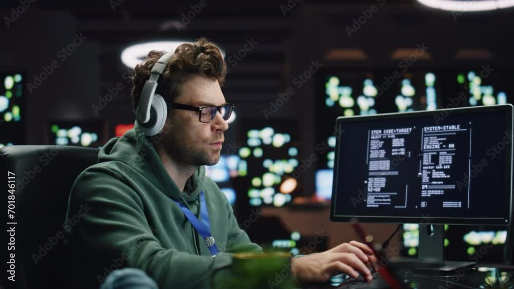 IT programer listening headphones working desktop computer data center closeup