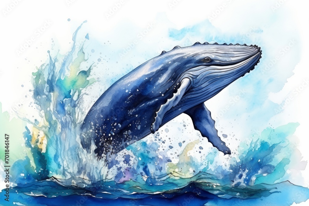 Watercolor blue whale illustration isolated on white background. World ...