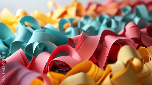 Various colors of ribbons with cheerful colored backgrounds. Empty space on one side.