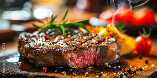 Juicy steak on the table. Generative AI. photo