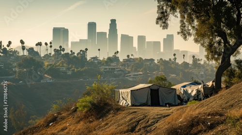 Refugee camp shelter for homeless in front of Los Angeles City Skyline photo