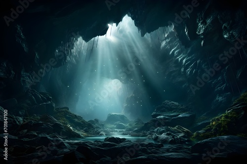 A dark, gloomy, mysterious stone cave with light coming from the ceiling.