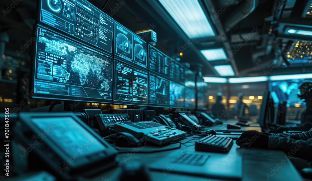 Surveillance Room, security officer monitoring screens, close-up shot, control room with multiple data displays, touchscreen interface Surveillance Room, security officer monitoring screens, close-up shot, control room with multiple data displays, touchscreen interface