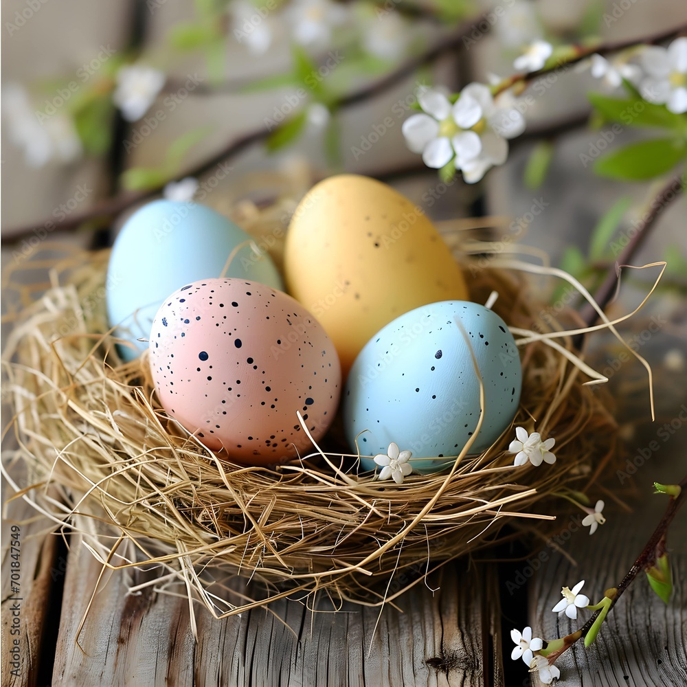 Pastel Easter Eggs in Straw Nest on Wooden Background. Pastel Easter Eggs in Straw Nest on Wooden Background.
