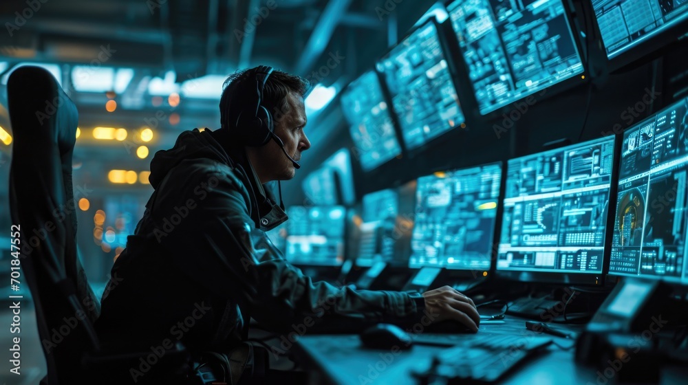 Surveillance Room, security officer monitoring screens, close-up shot, control room with multiple data displays, touchscreen interface Surveillance Room, security officer monitoring screens, close-up shot, control room with multiple data displays, touchscreen interface