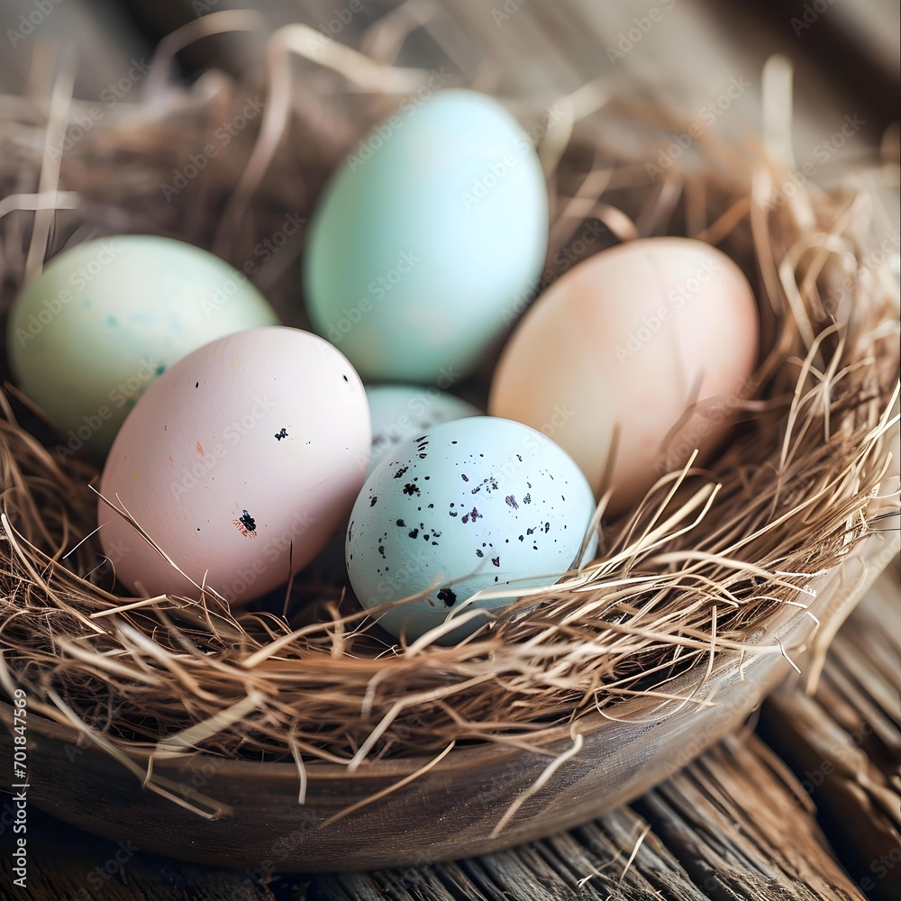 Pastel Easter Eggs in Straw Nest on Wooden Background.