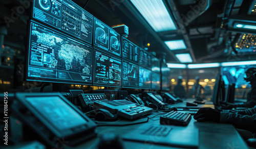 Wallpaper Mural Surveillance Room, security officer monitoring screens, close-up shot, control room with multiple data displays, touchscreen interface Torontodigital.ca