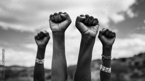 four fists of african people raised to the sky black and white photo with copy space photo