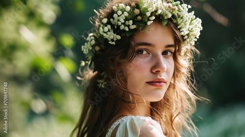 Young Woman wearing Flower Crown in Park Background - Appearance Youthful Energy in the style of Serene Faces - Dark White and Light Green Girl Fashion Wallpaper created with Generative AI Technology