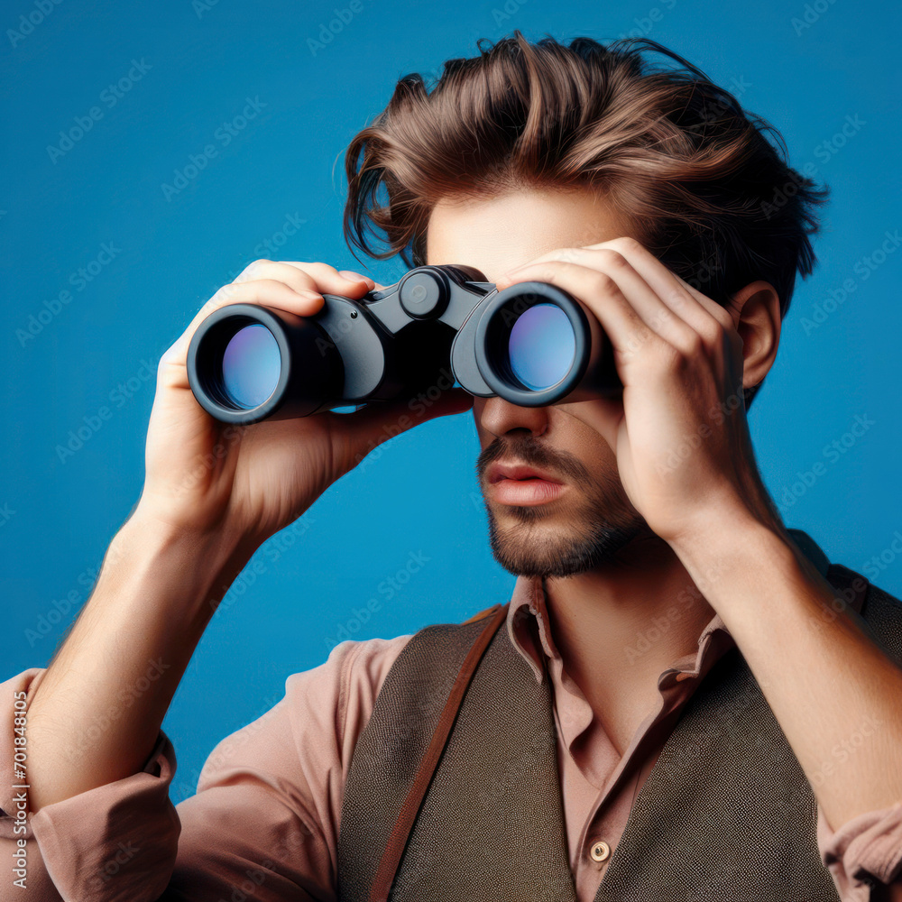 a man carefully look through binoculars on a blue color background. ai generative a man carefully look through binoculars on a blue color background. ai generative