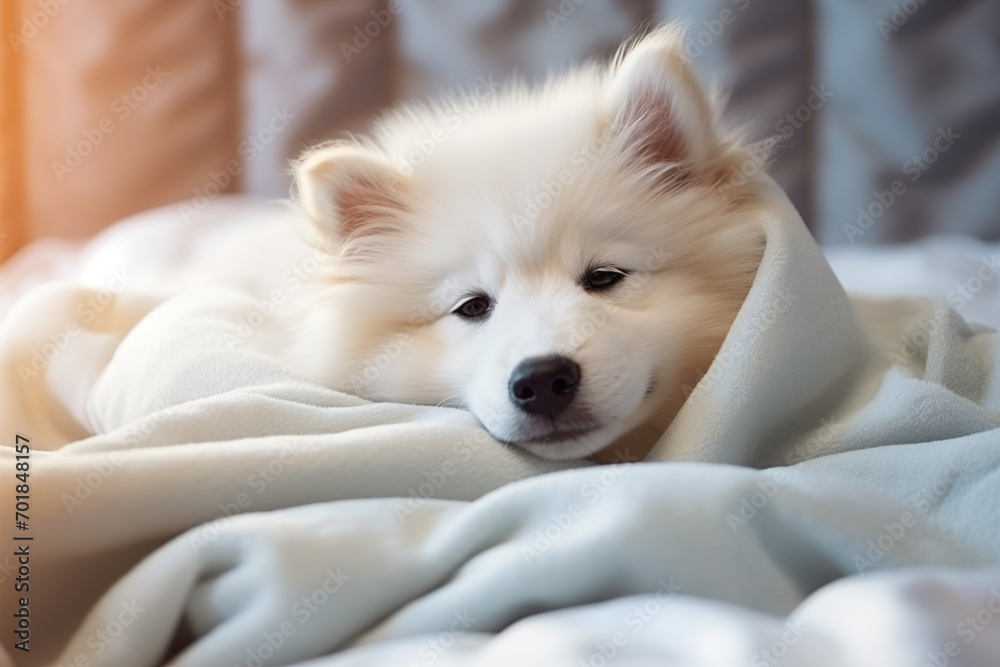 Cute puppy sleeps under white warm blanket on bed at home. Dog relaxing, peacefully napping on bed. Generative AI Cute puppy sleeps under white warm blanket on bed at home. Dog relaxing, peacefully napping on bed. Generative AI