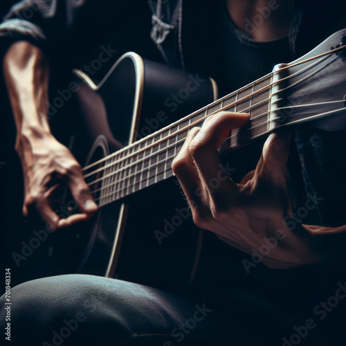 A striking closeup shot of a street musicians hands passionately playing the guitar. ai generative
