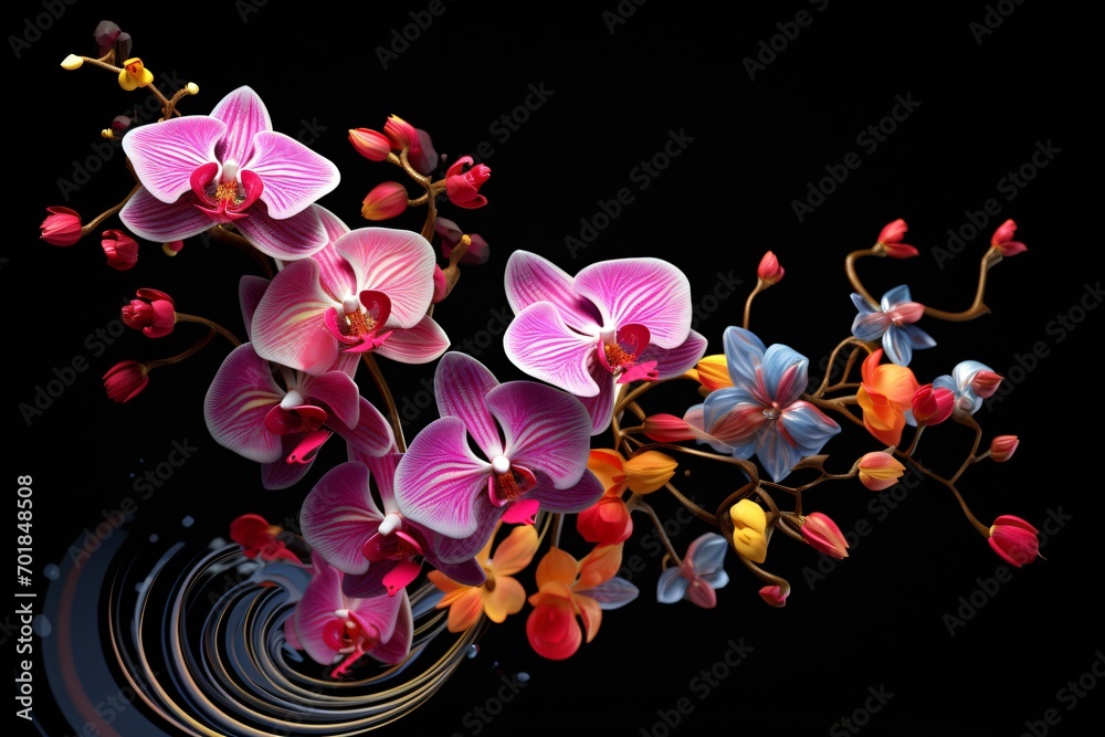 Pink orchid flowers on black background
