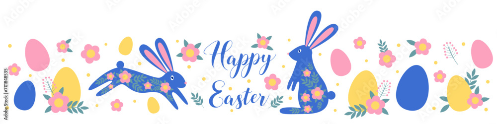 Flat vector illustration with two blue bunnies with flowers and egg s and lettering in the middle. Easter holiday symbols, border, greeting card. Flat vector illustration with two blue bunnies with flowers and egg s and lettering in the middle. Easter holiday symbols, border, greeting card.
