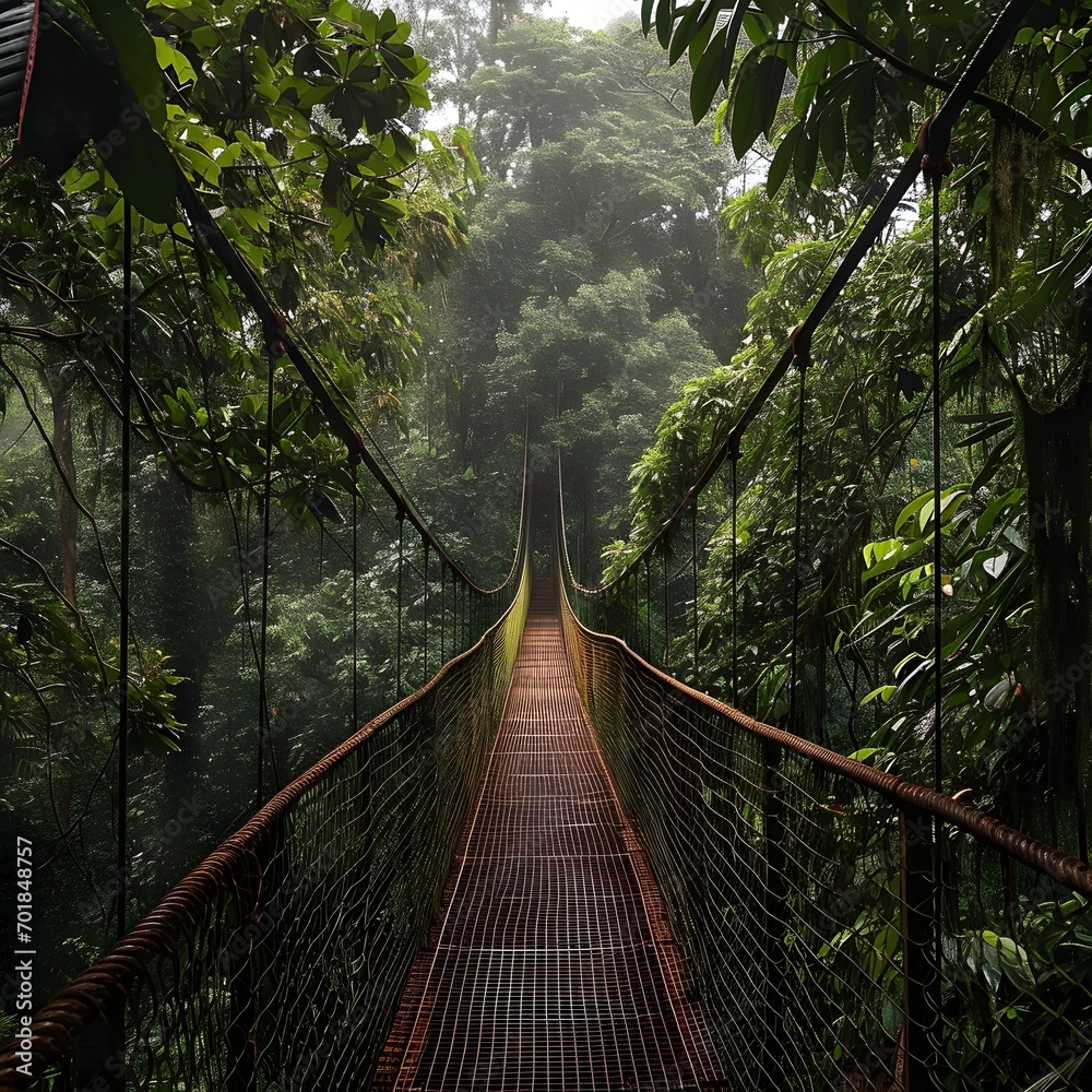 Suspension bridge over the river in the rainforest