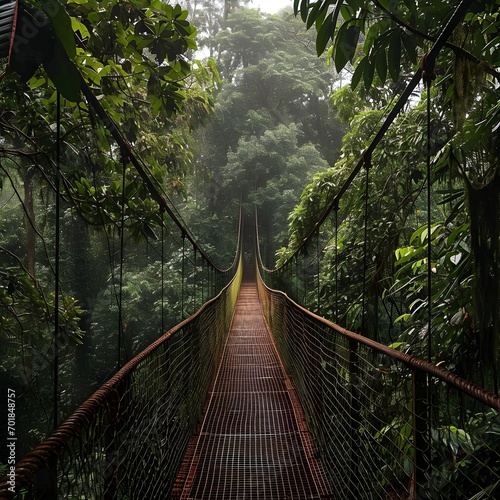 Suspension bridge over the river in the rainforest