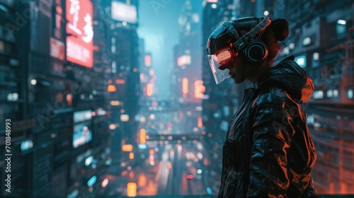Urban Exploration  person navigating a high-tech city  wide shot  metropolis with digital billboards and advanced infrastructure  futuristic.