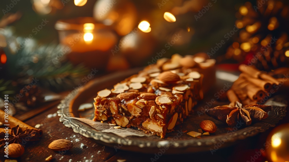 Christmas cake with almonds and cinnamon on a wooden background. Selective focus.