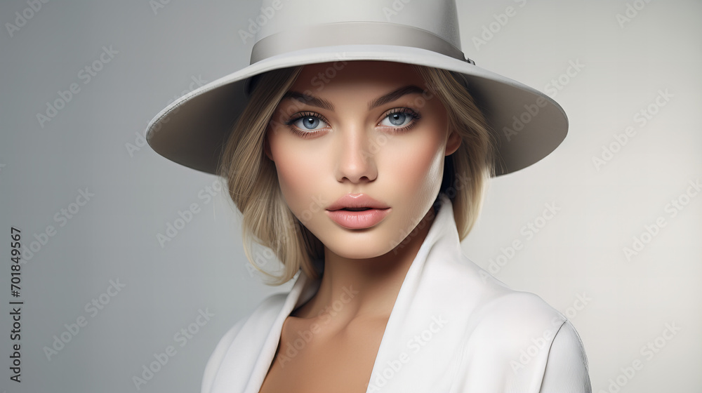 portrait of a blond woman wearing an elegant, grey hat, isolated on light background portrait of a blond woman wearing an elegant, grey hat, isolated on light background