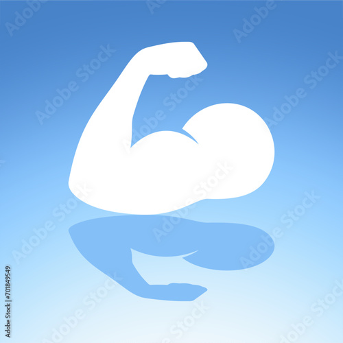 Muscle icon. Bicep. Arm. Vector icon isolated on blue background. photo