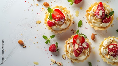 Mini tattlers with strawberries, raspberries and almonds on white background