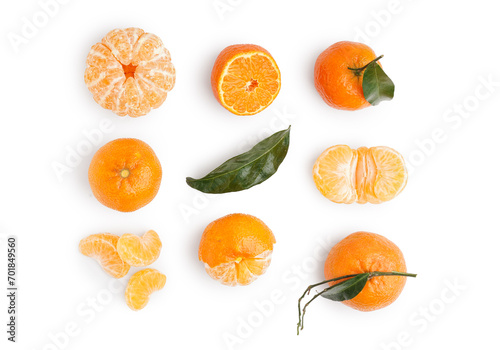 Sweet tangerines with leaves on white background