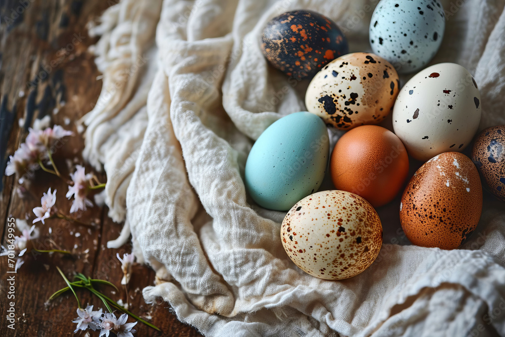 Easter eggs laid out on a white linen towel. View from above.