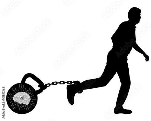 Artificial intelligence in the form of kettlebell with  chain on man's leg, silhouette. Vector illustration