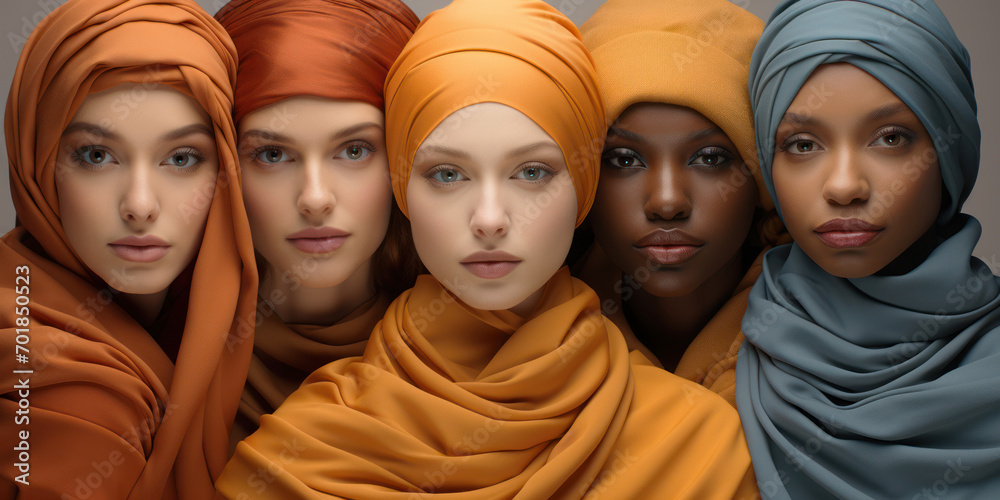 Muslim girls of different nationalities in hijabs.