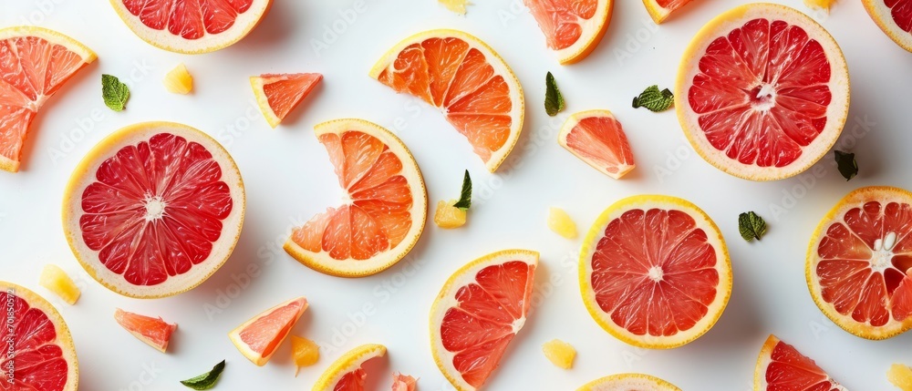 Sliced grapefruits laid out on a white background, oozing freshness and zest. Sliced grapefruits laid out on a white background, oozing freshness and zest.