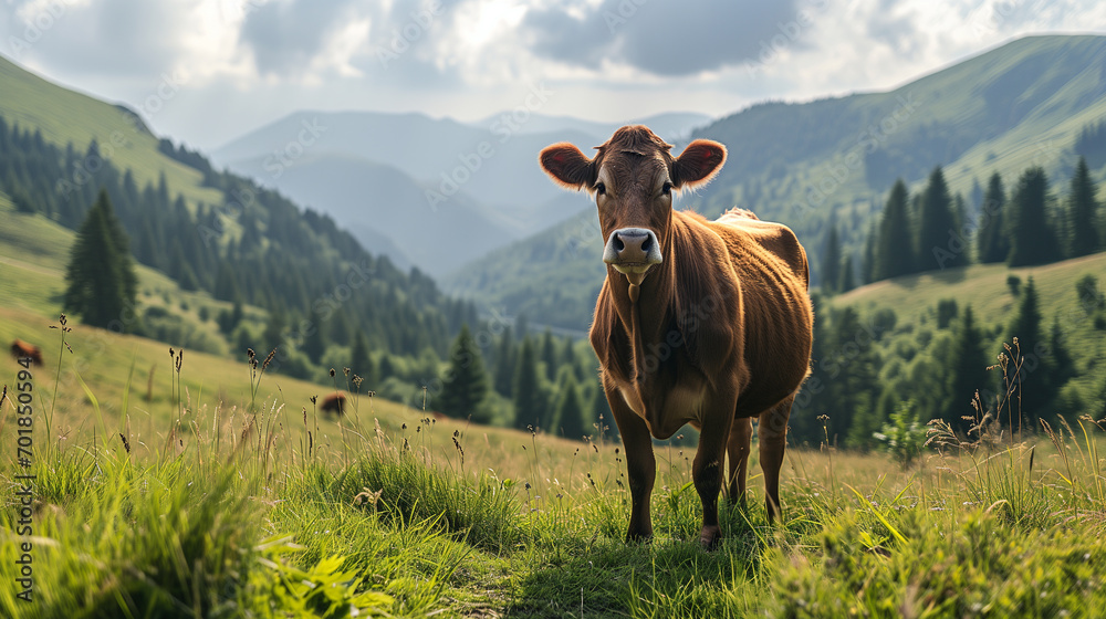 Portrait of a happy brown cow on a summer alpine meadow - obrazy, fototapety, plakaty 