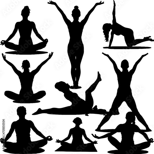 silhouettes of yoga poses.