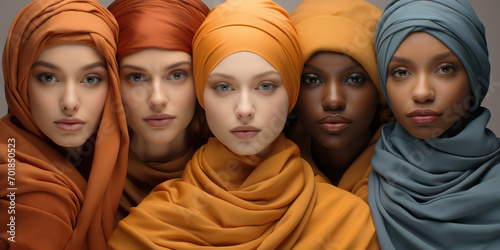 Muslim girls of different nationalities in hijabs.
