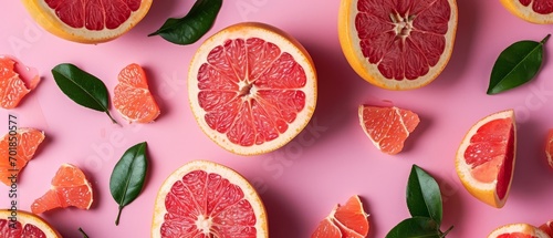 Sliced grapefruits laid out on a pink background  oozing freshness and zest.