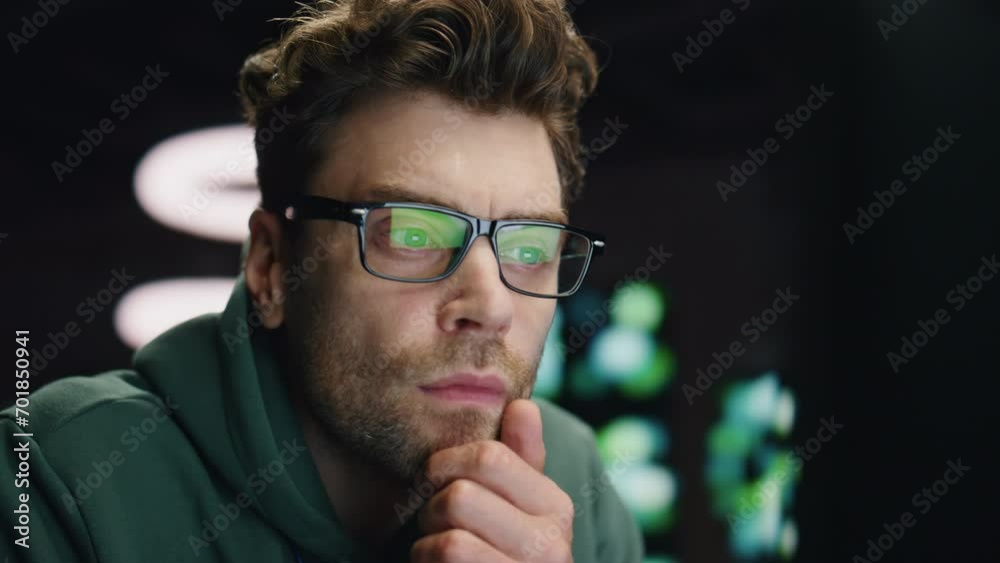 Man coder looking computer making system research workplace closeup. Guy reading Man coder looking computer making system research workplace closeup. Guy reading