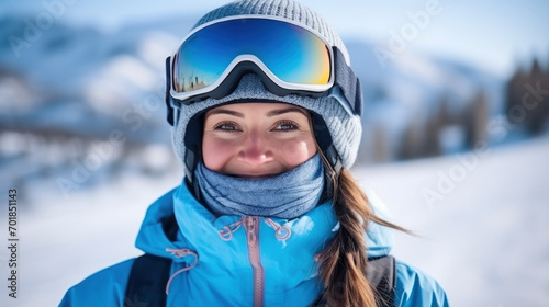 Portrait of woman in alps. Ski vacation in skier uniform, helmet and goggles