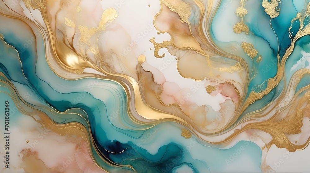 Natural luxury abstract fluid art painting in alcohol ink technique. Tender and dreamy wallpaper. Mixture of colors creating transparent waves and golden swirls. For posters, other printed materials

