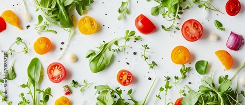 Colourful salad ingredients with fresh herbs and spices scattered on a grey background.