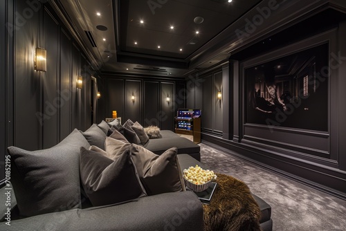 Cozy Home Cinema: Dark Walls, Grey Sofa, Popcorn Machine & Movie Screen