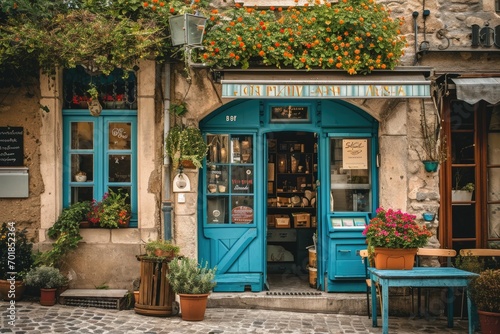 Charming European Village Boutique: Vintage Facade and Colorful Sidewalk Showcase © AIGen
