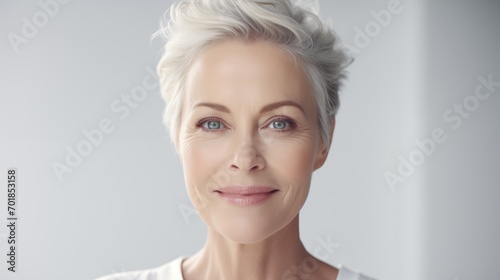 Happy smiling adult 50s aged woman looking at camera portrait isolated on white background  Healthy face skin care beauty  middle age skincare cosmetics  cosmetology concept  generative ai