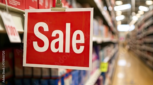 Sale sign on the shelf in the supermarket, business concept, blur background