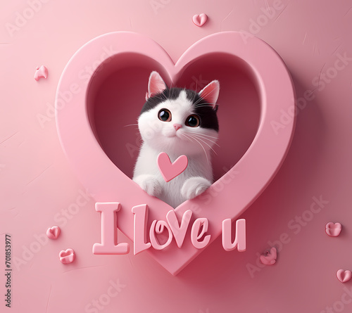 Whimsical Feline Love: Playful Kitten Poking Out of a Heart-Shaped Hole in the Wall, 'I Love You' Message, Valentine's Day Concept © Boris
