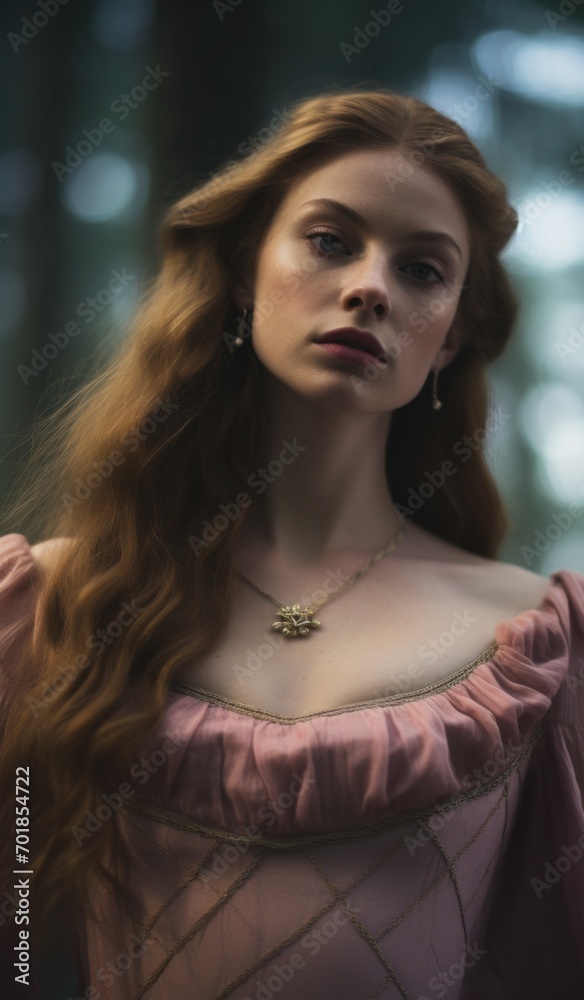 Elegant young woman with long red hair wearing period clothing and fine jewelry in a forest setting Elegant young woman with long red hair wearing period clothing and fine jewelry in a forest setting